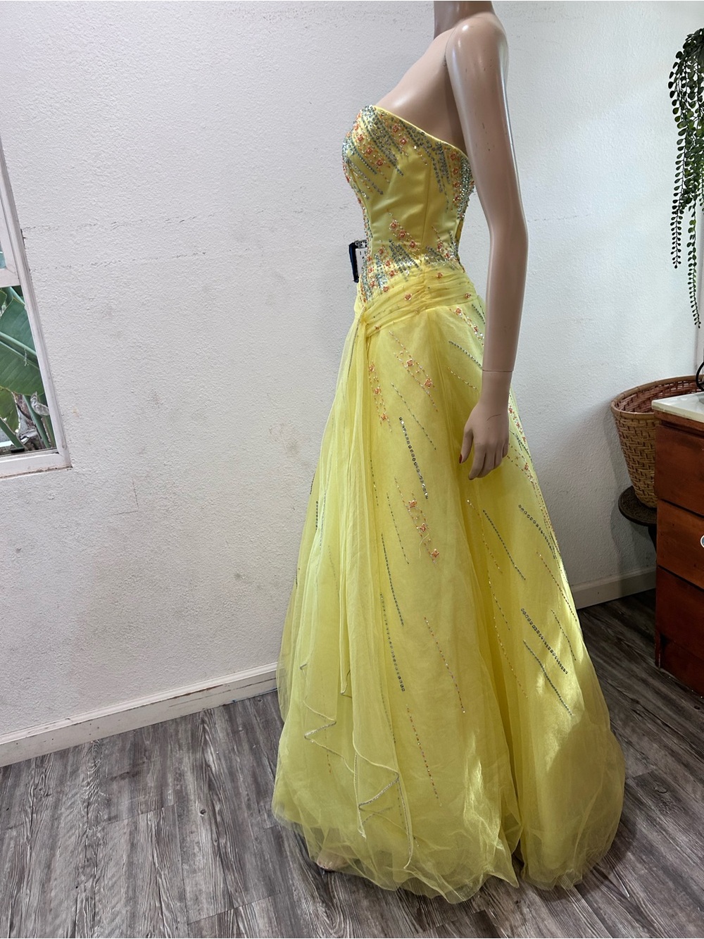 Tiffany Designs Strapless Yellow Beaded Tulle Ball Gown